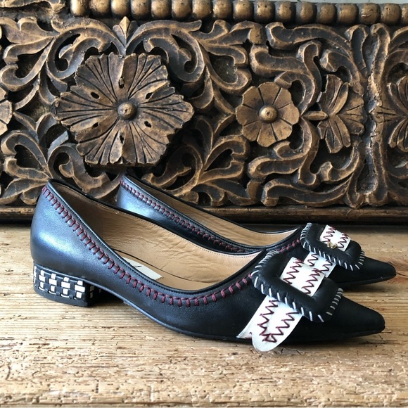 Rue St Aurea Point Toe Big Buckle Contrast Stitched Leather Ballet Flats 38 $430 - Picture 3 of 16